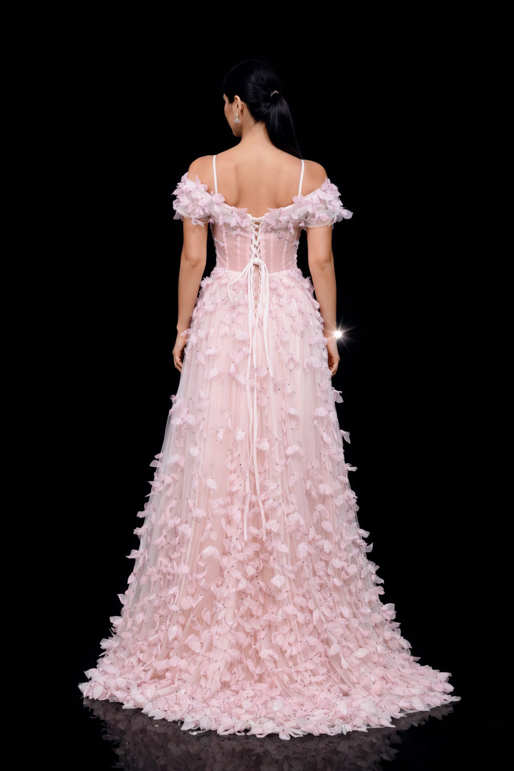 Blush Floral Evening Gown – Elegant Off-Shoulder Tulle Dress