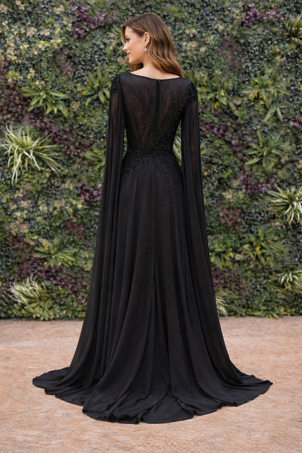 Black Embellished Cape Gown – Elegant Evening