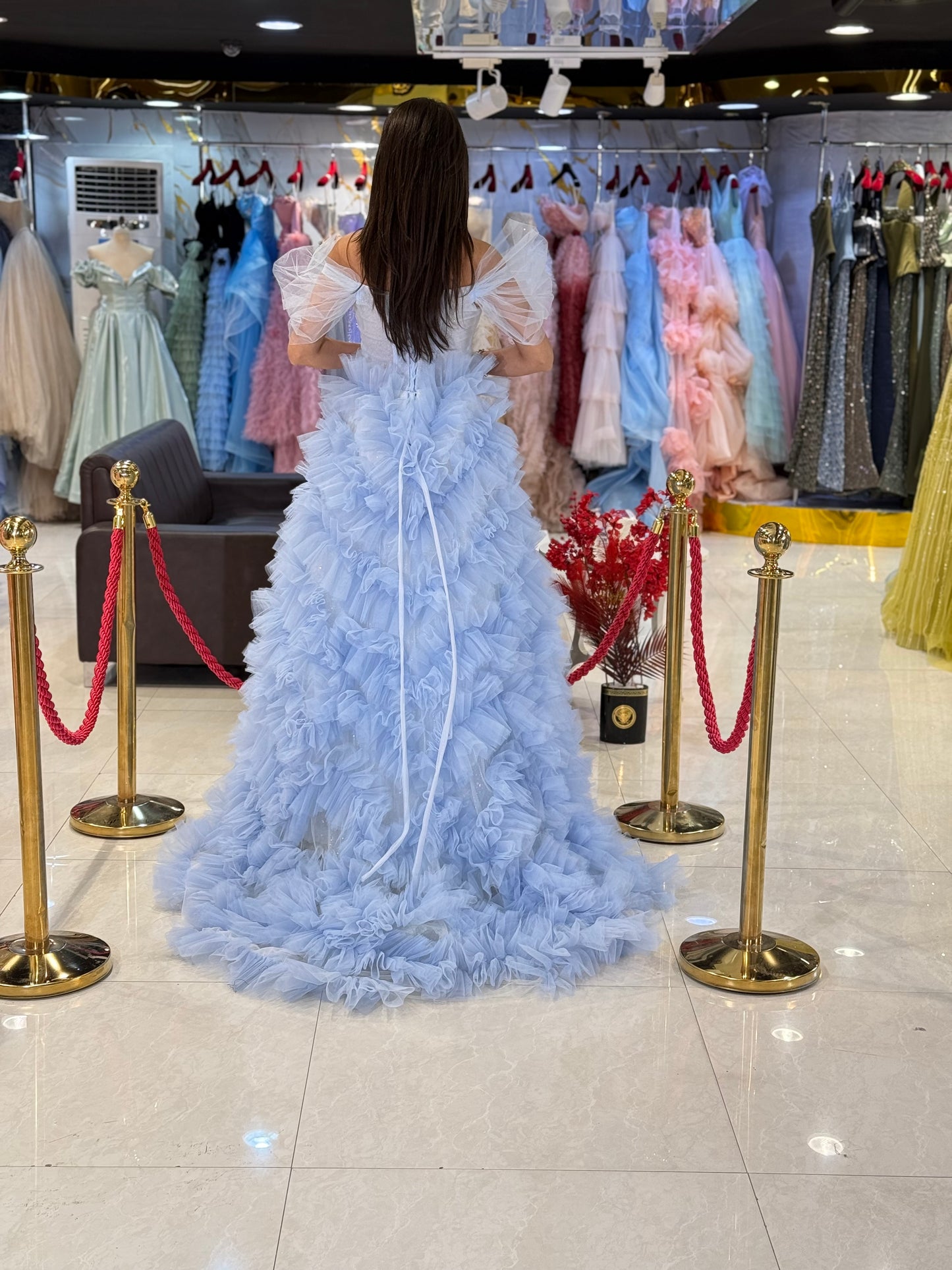 Sky Blue Ruffle Prom Dress.