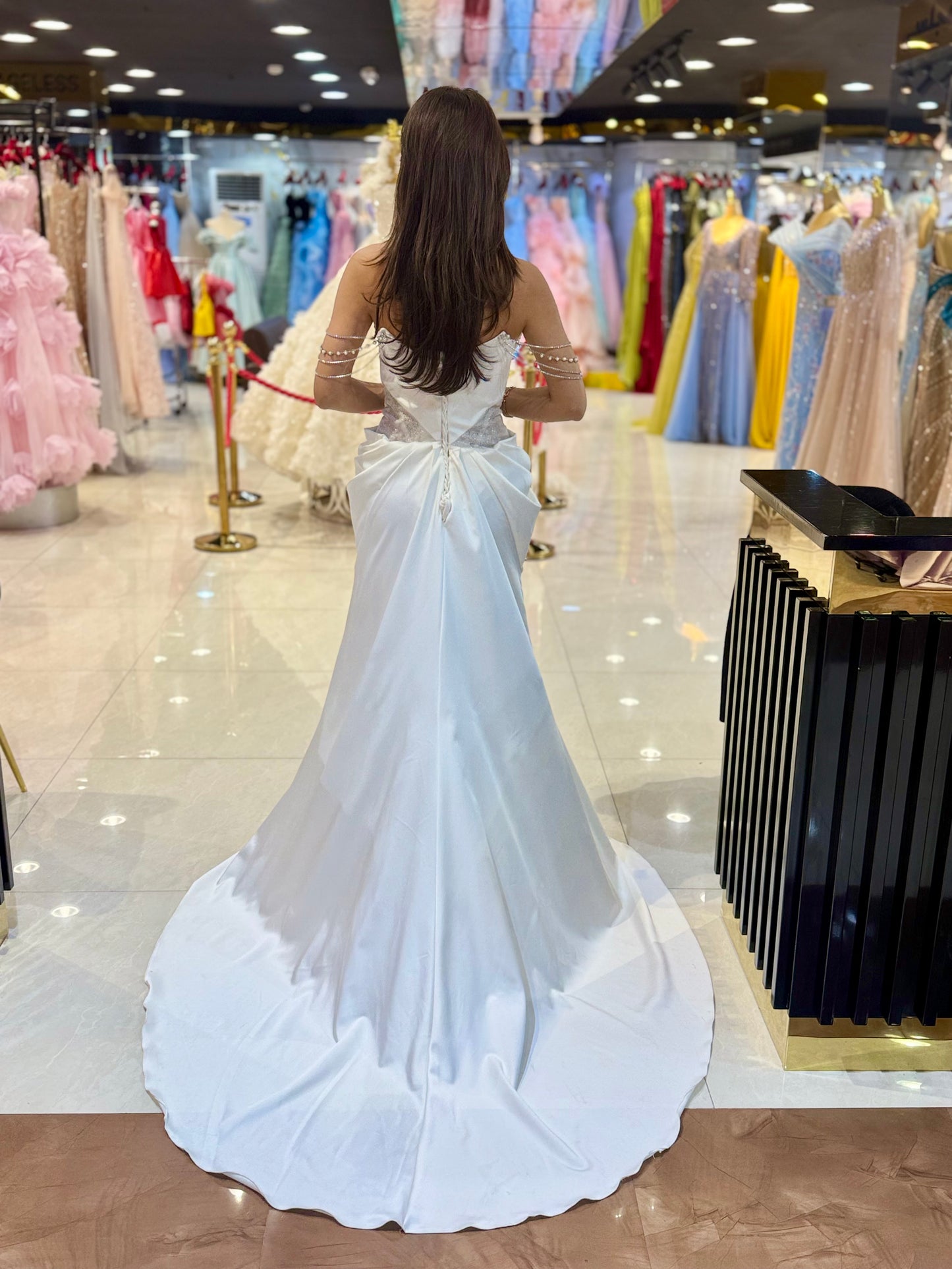 Elegant Pearl-Embellished Off-Shoulder Wedding Dress