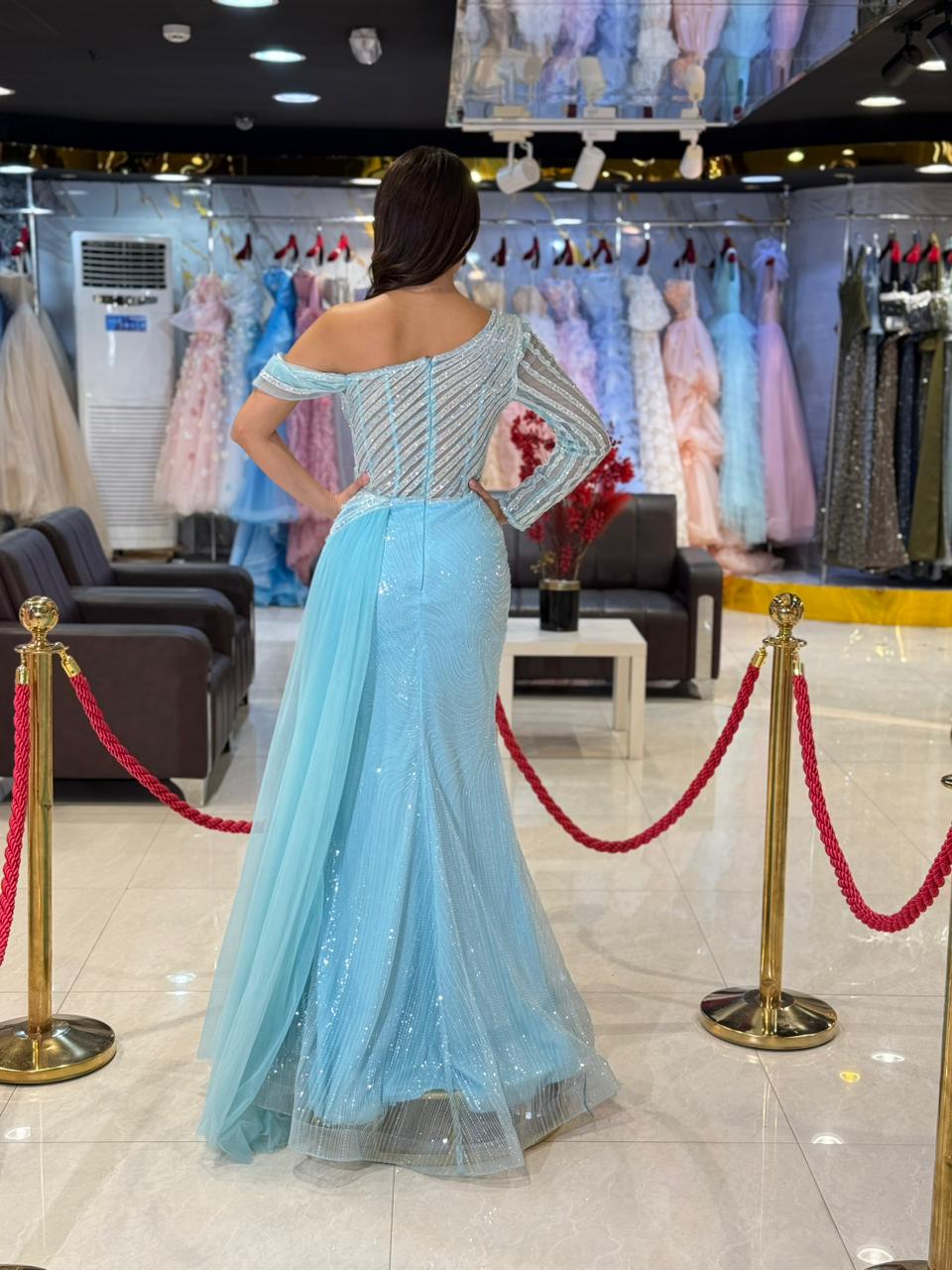 Light Blue One-Shoulder Evening Gown