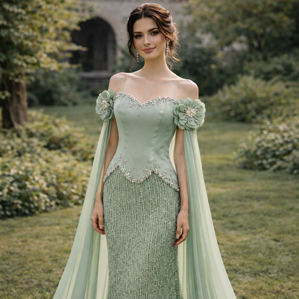 Elegant Evening Gown with Floral Shoulder Details