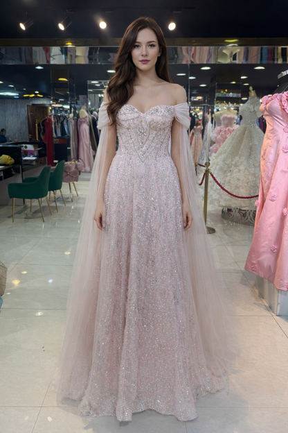 Blush Crystal Off-Shoulder Couture Gown