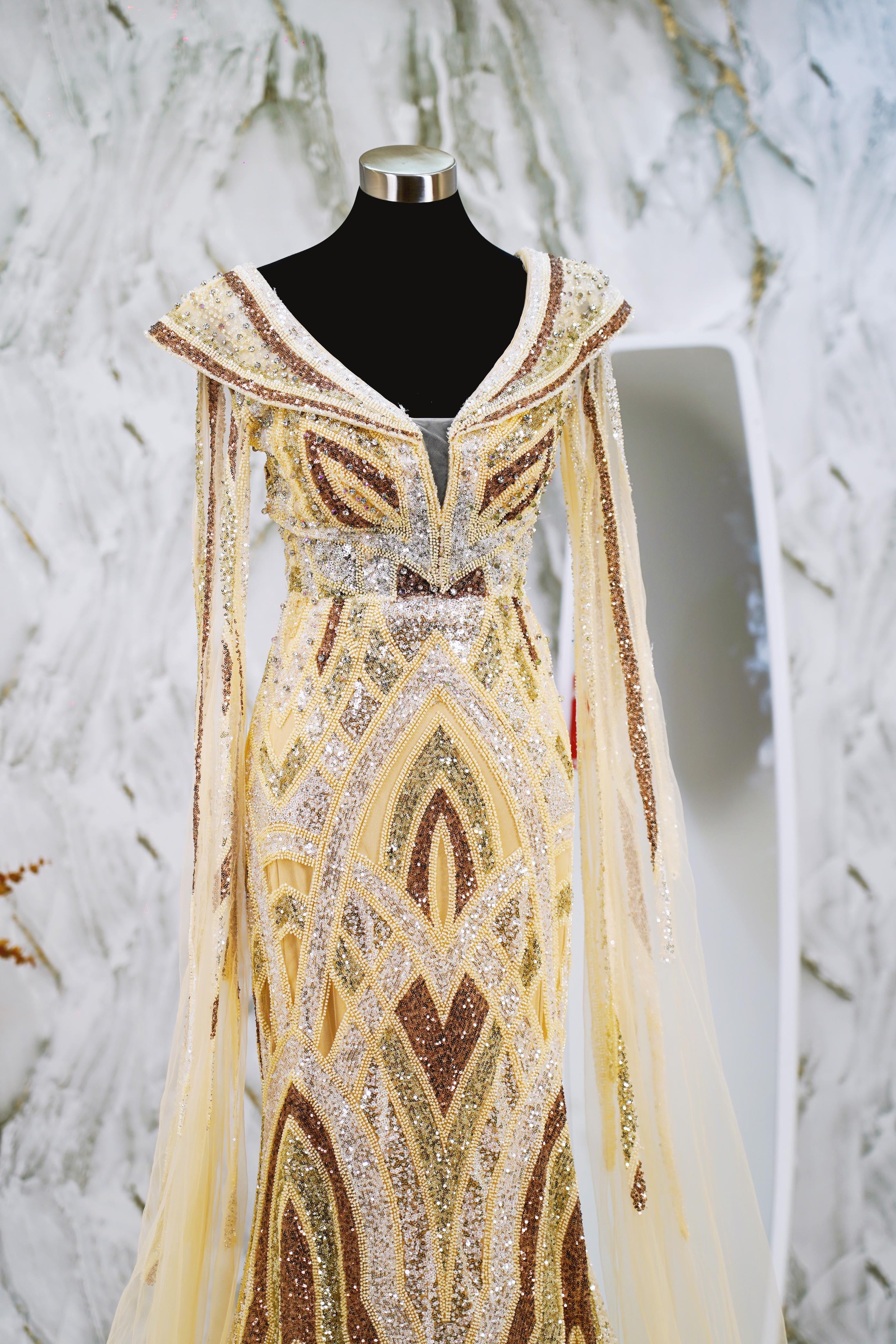 Golden Glamourous Cape Gown