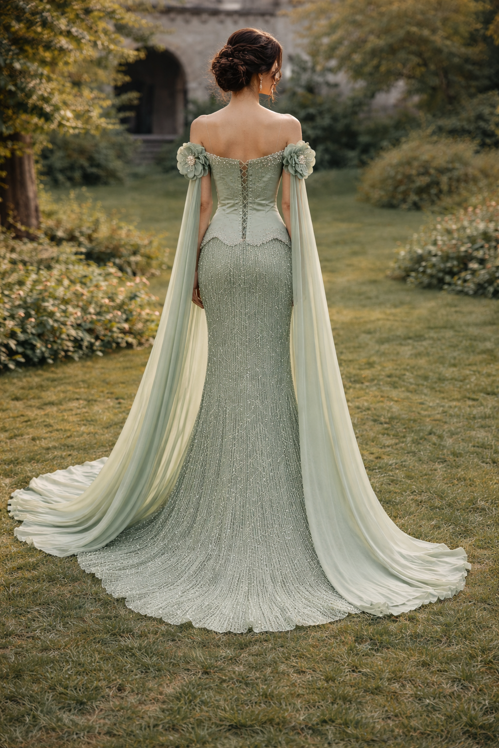 Elegant Evening Gown with Floral Shoulder Details