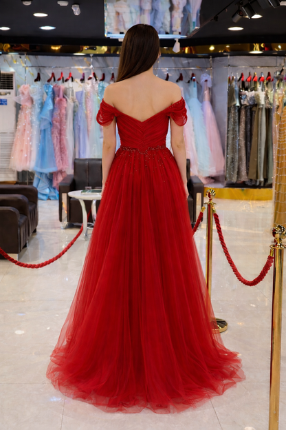 Blue Off-Shoulder Embellished Tulle Evening Gown