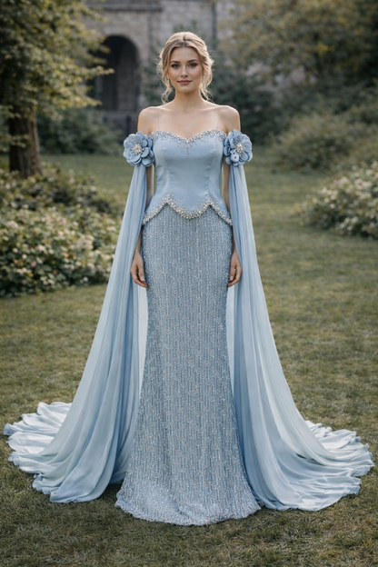 Elegant Evening Gown with Floral Shoulder Details