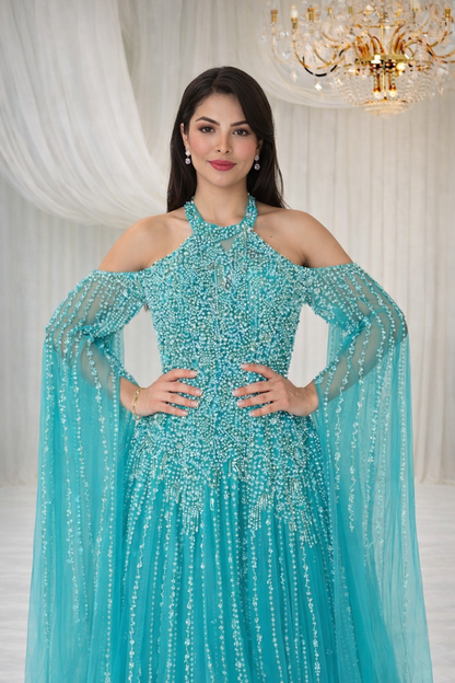 Turquoise Embellished Halter Neck Evening Gown