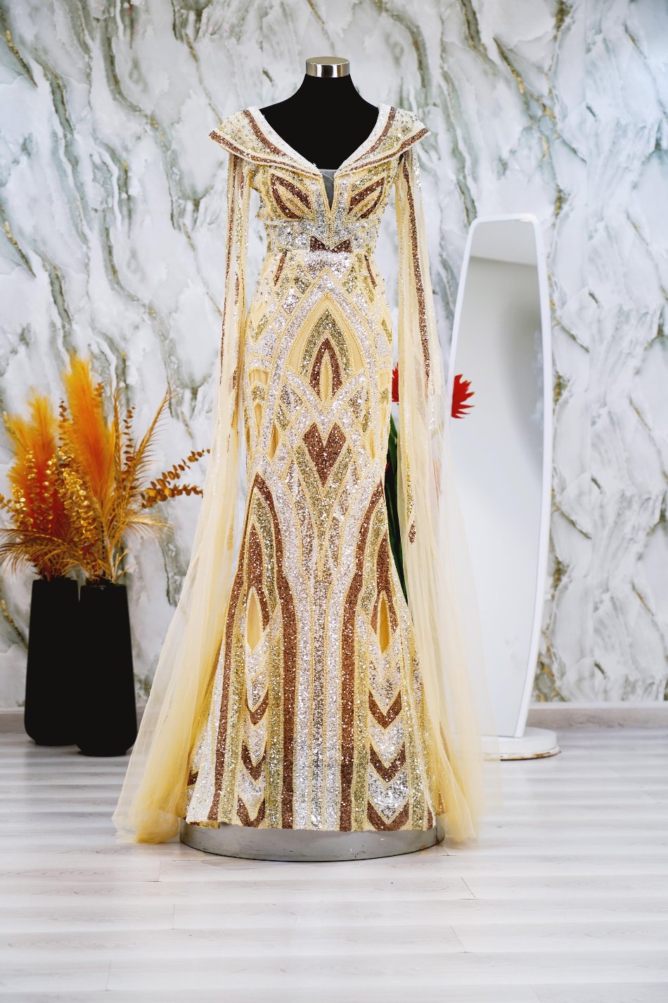 GOLDEN GLAMOUR CAPE GOWN