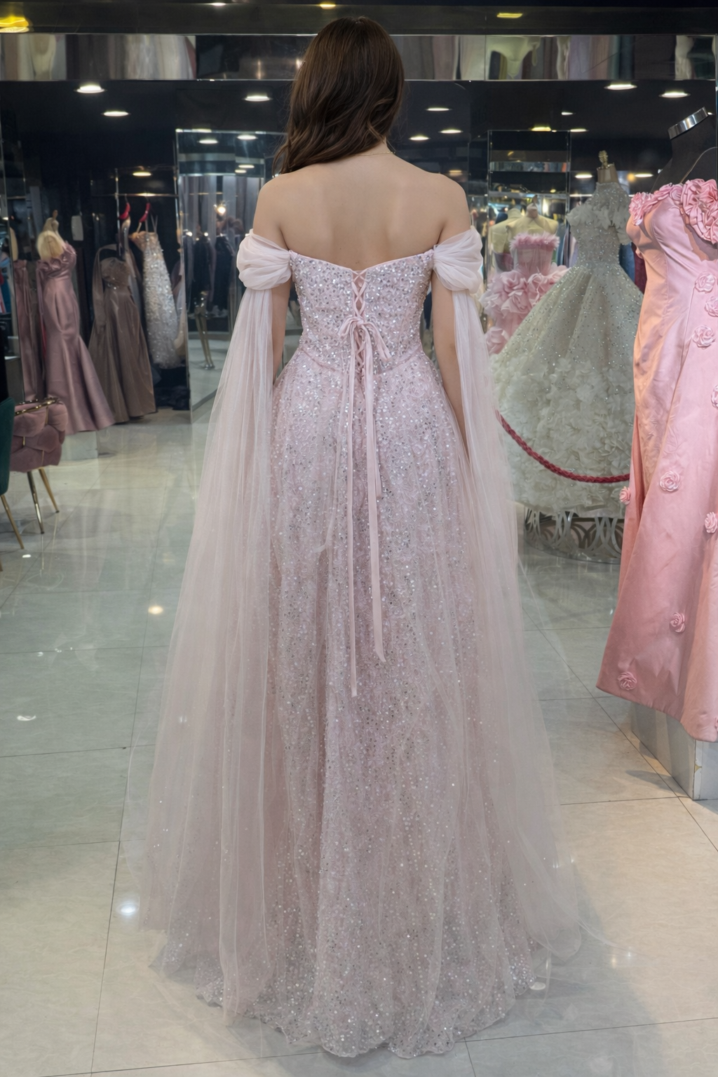 Blush Crystal Off-Shoulder Couture Gown