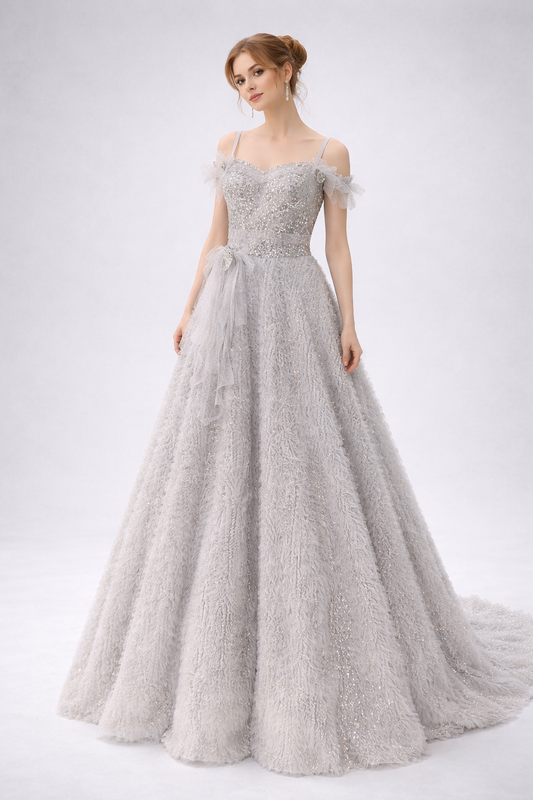 Silver Crystal Embellished Ball Gown