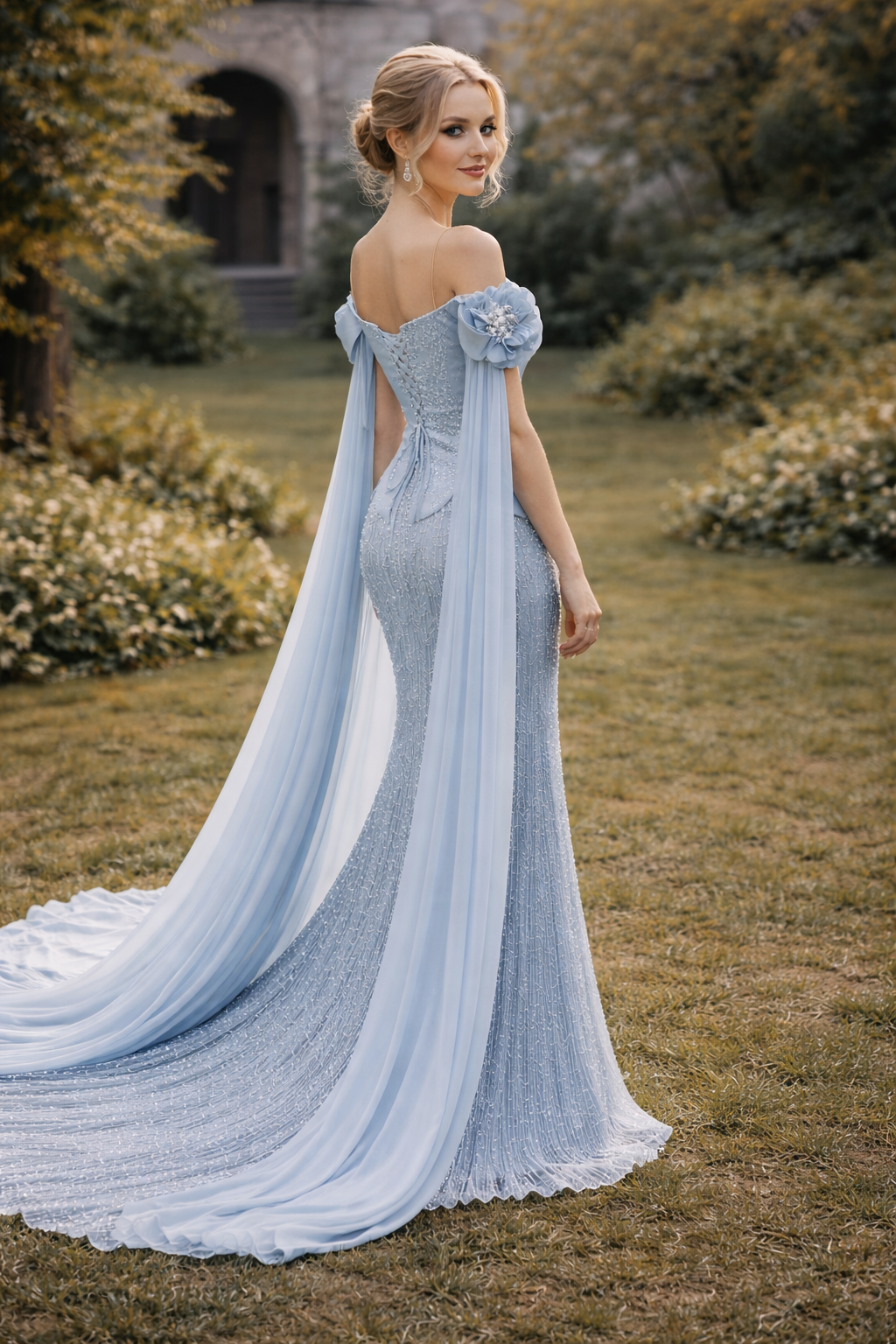 Elegant Evening Gown with Floral Shoulder Details