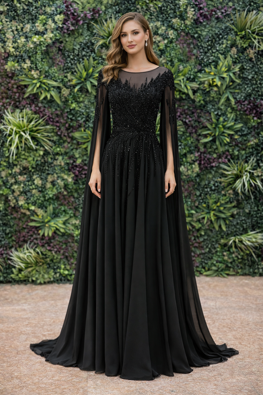 Black Embellished Cape Gown – Elegant Evening