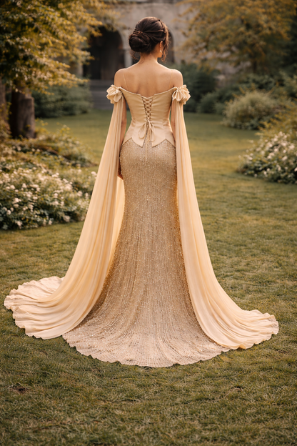 Elegant Evening Gown with Floral Shoulder Details