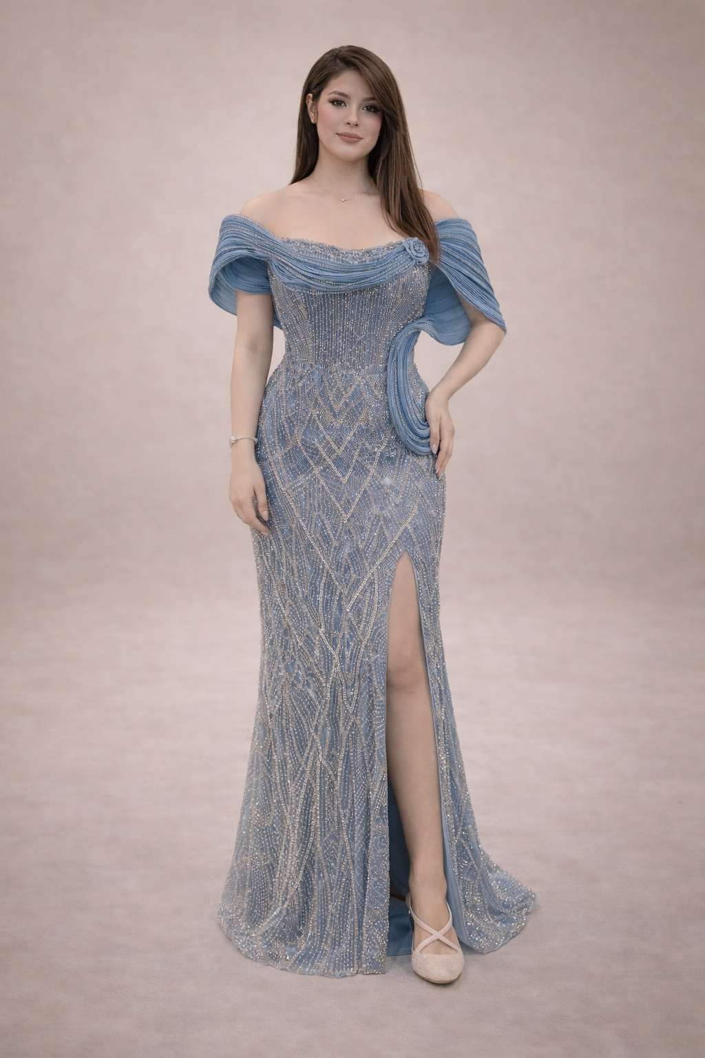 Off-Shoulder Embellished Evening Gown