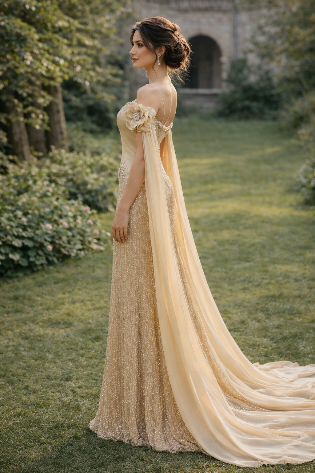 Elegant Evening Gown with Floral Shoulder Details