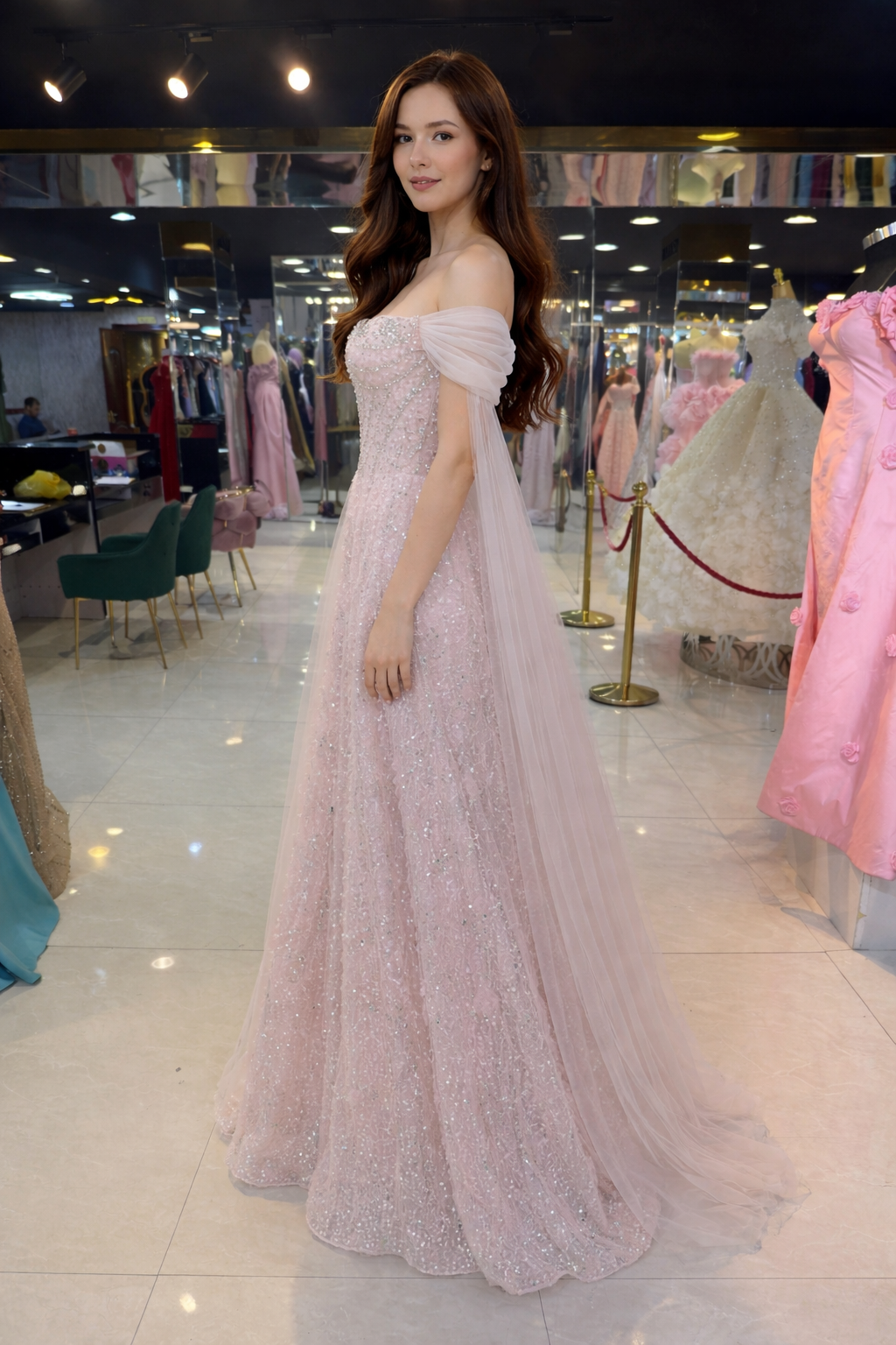 Blush Crystal Off-Shoulder Couture Gown