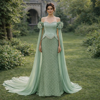 Elegant Evening Gown with Floral Shoulder Details