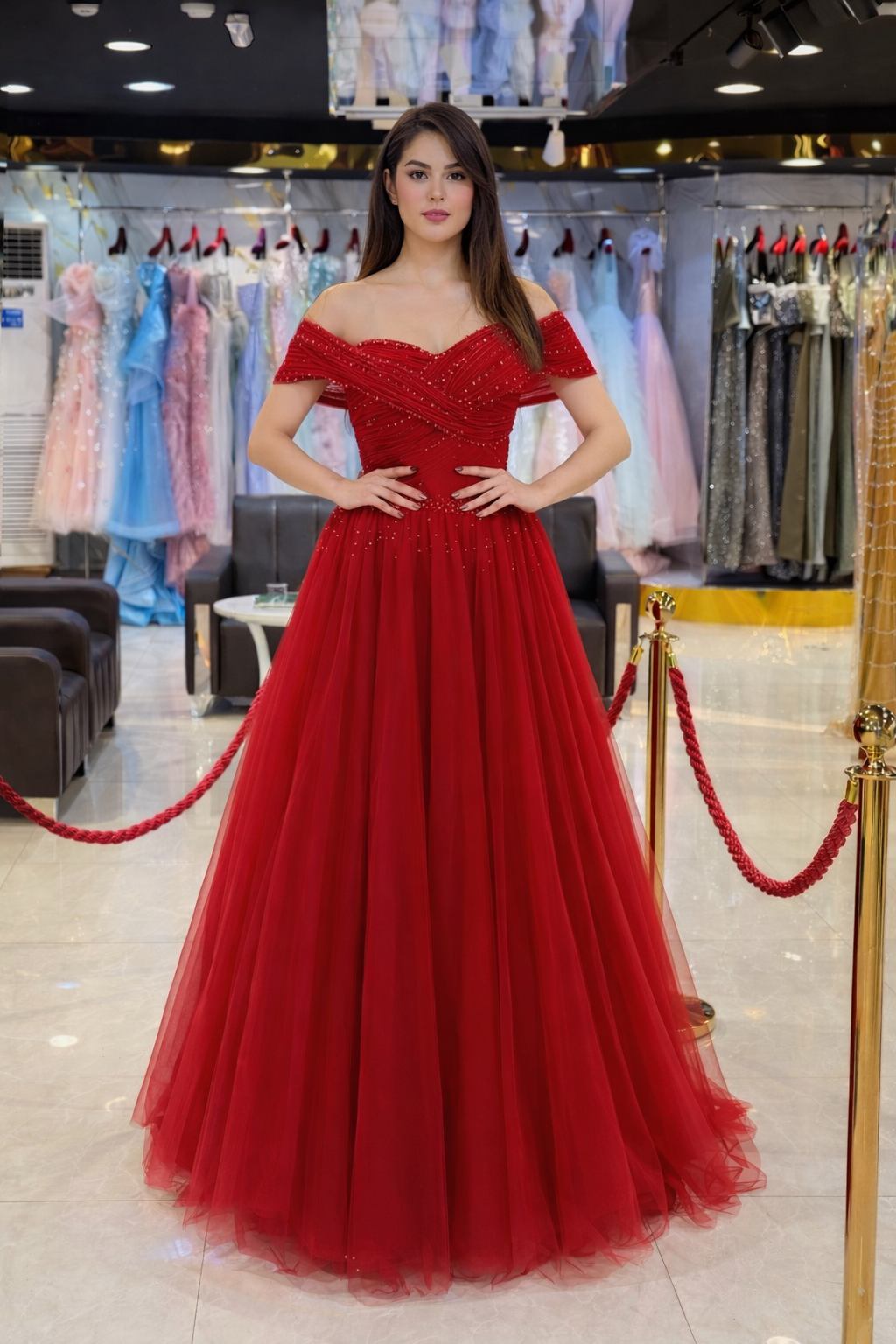 Blue Off-Shoulder Embellished Tulle Evening Gown