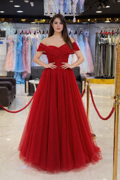 Blue Off-Shoulder Embellished Tulle Evening Gown