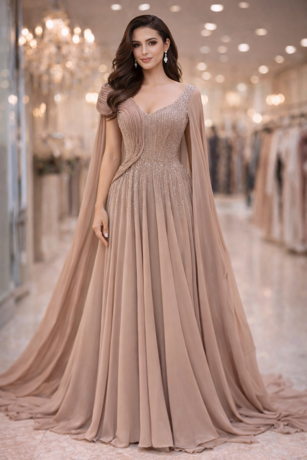 Beaded Evening Gown with Cape Sleeves
