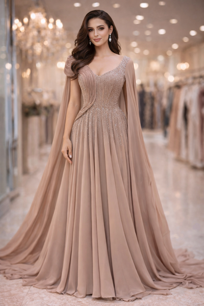 Beaded Evening Gown with Cape Sleeves