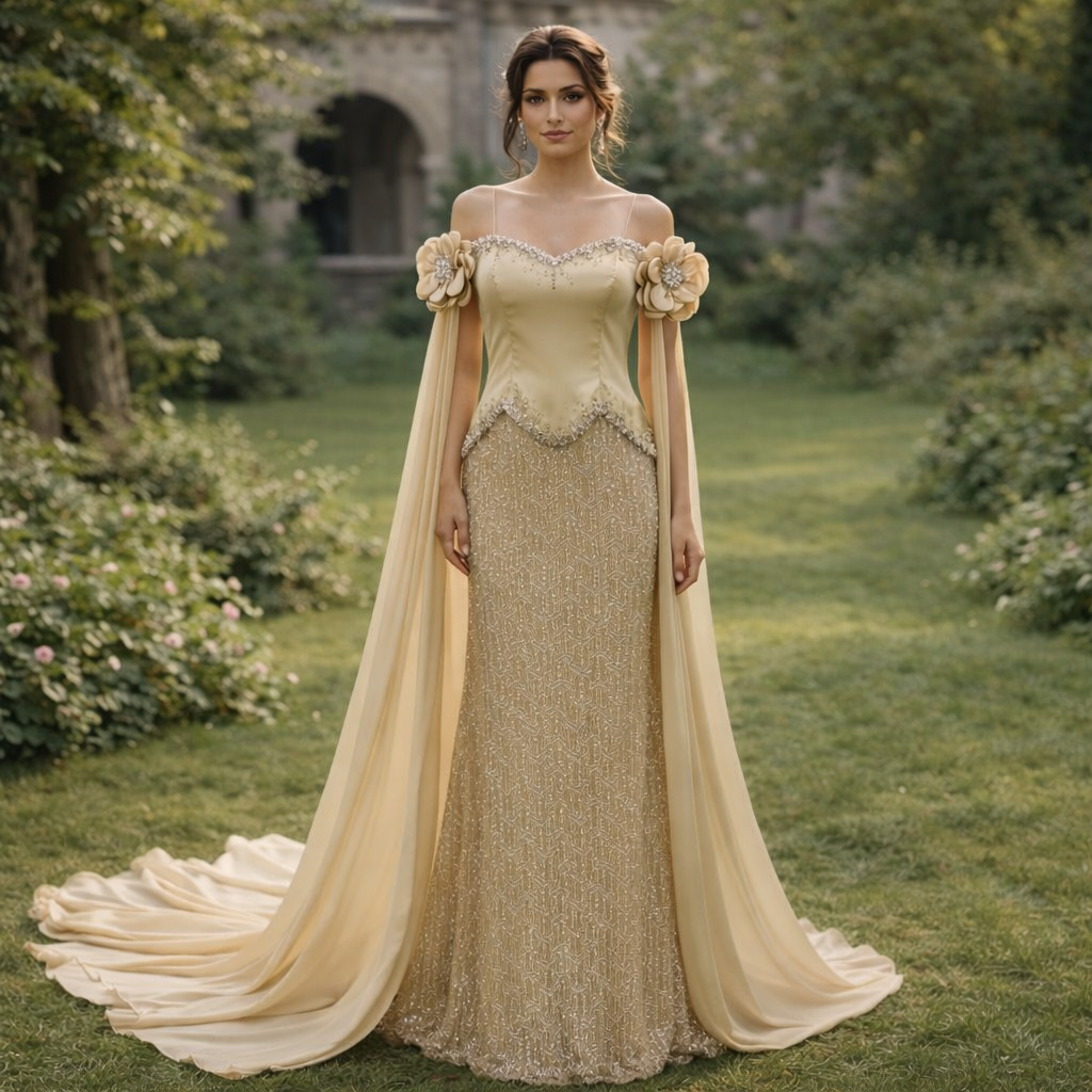 Elegant Evening Gown with Floral Shoulder Details