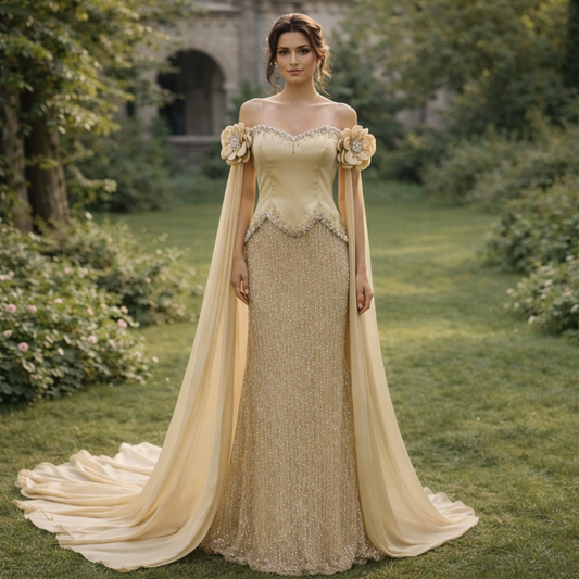 Elegant Evening Gown with Floral Shoulder Details
