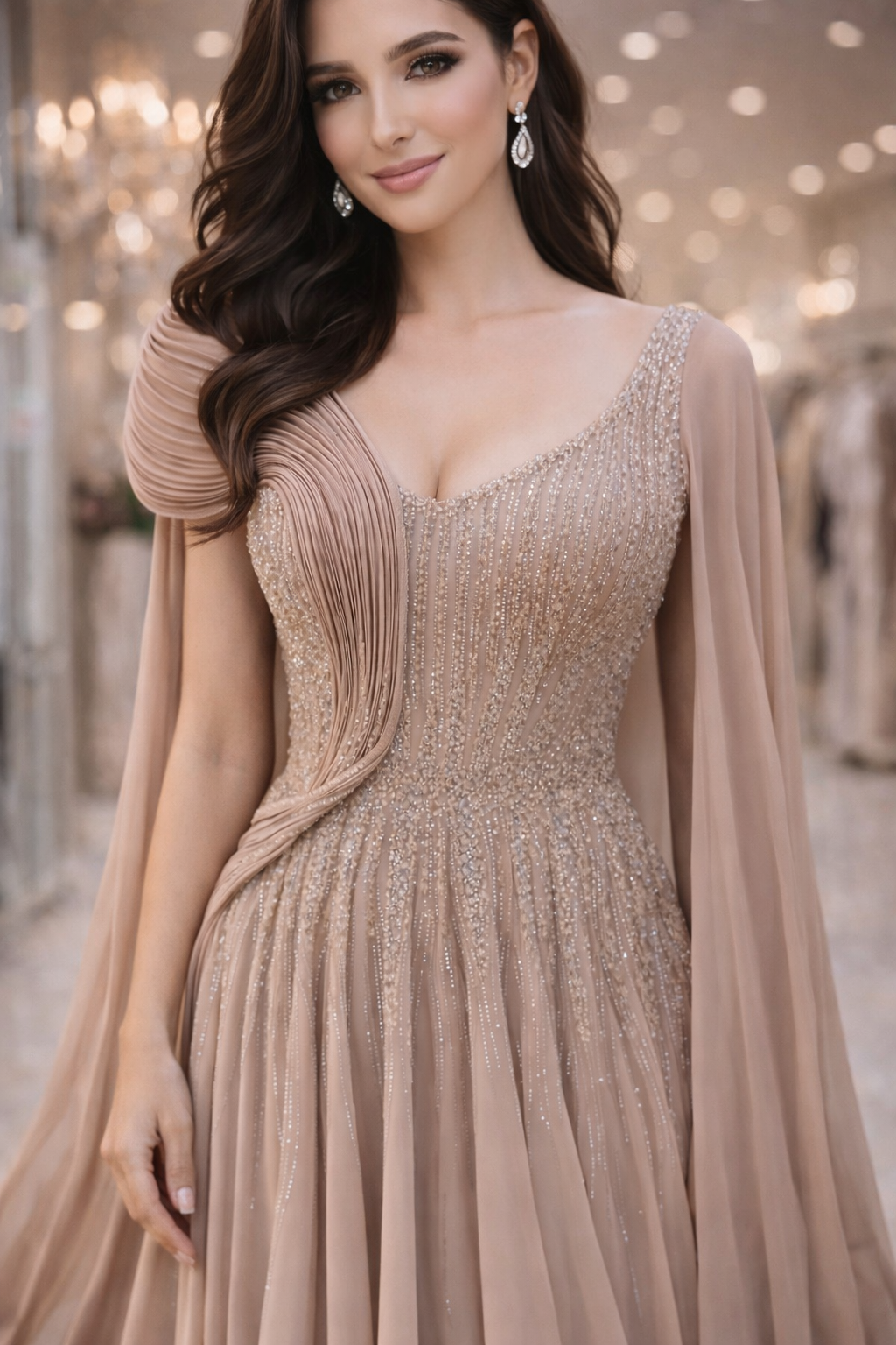 Beaded Evening Gown with Cape Sleeves