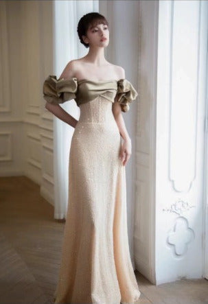 Beige Color Off-Shoulder Neckline Formal Gown