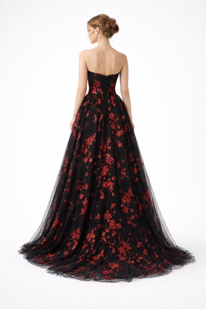 Black & Red Floral Couture Gown