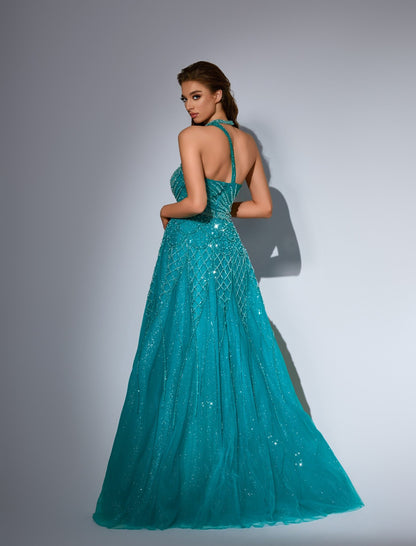 Emerald Green Embellished Halter Neck