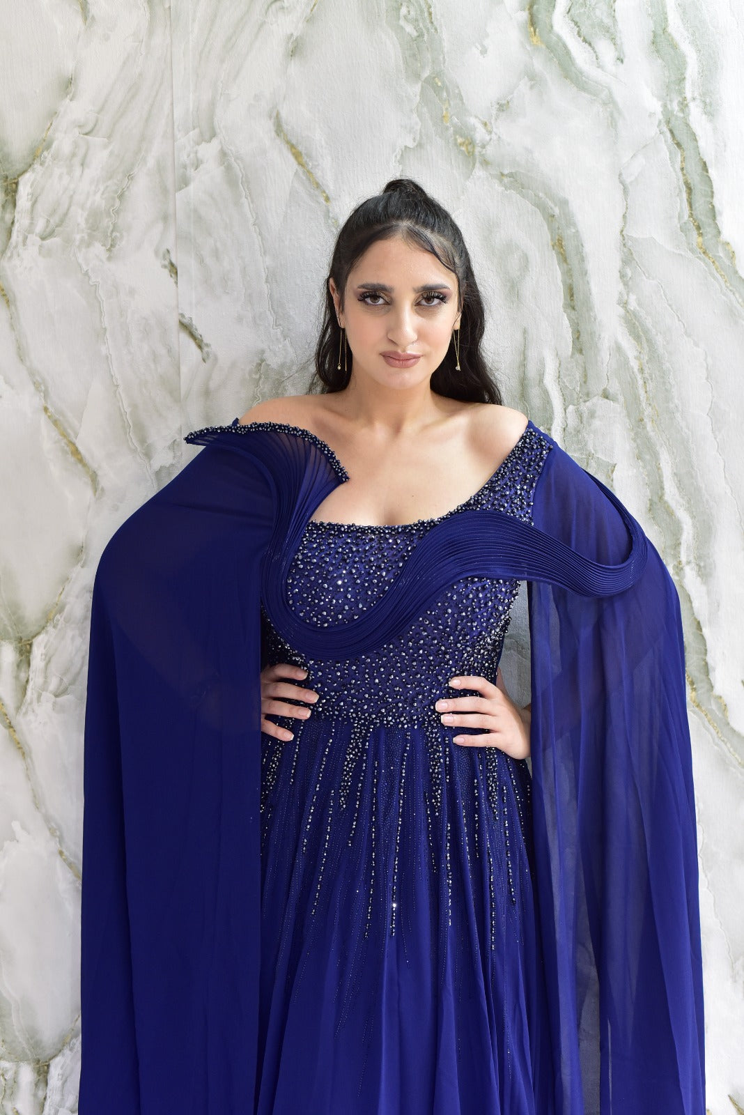Royal Blue Embellished Cape Gown
