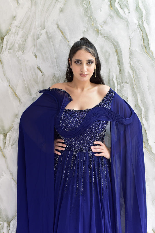 Royal Blue Embellished Cape Gown