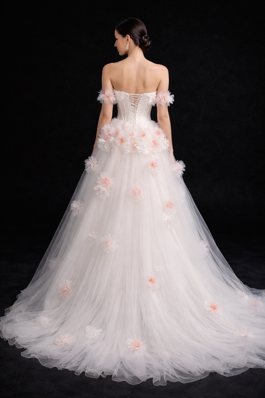 Elegant Ivory Floral Gown with Off-Shoulder Design