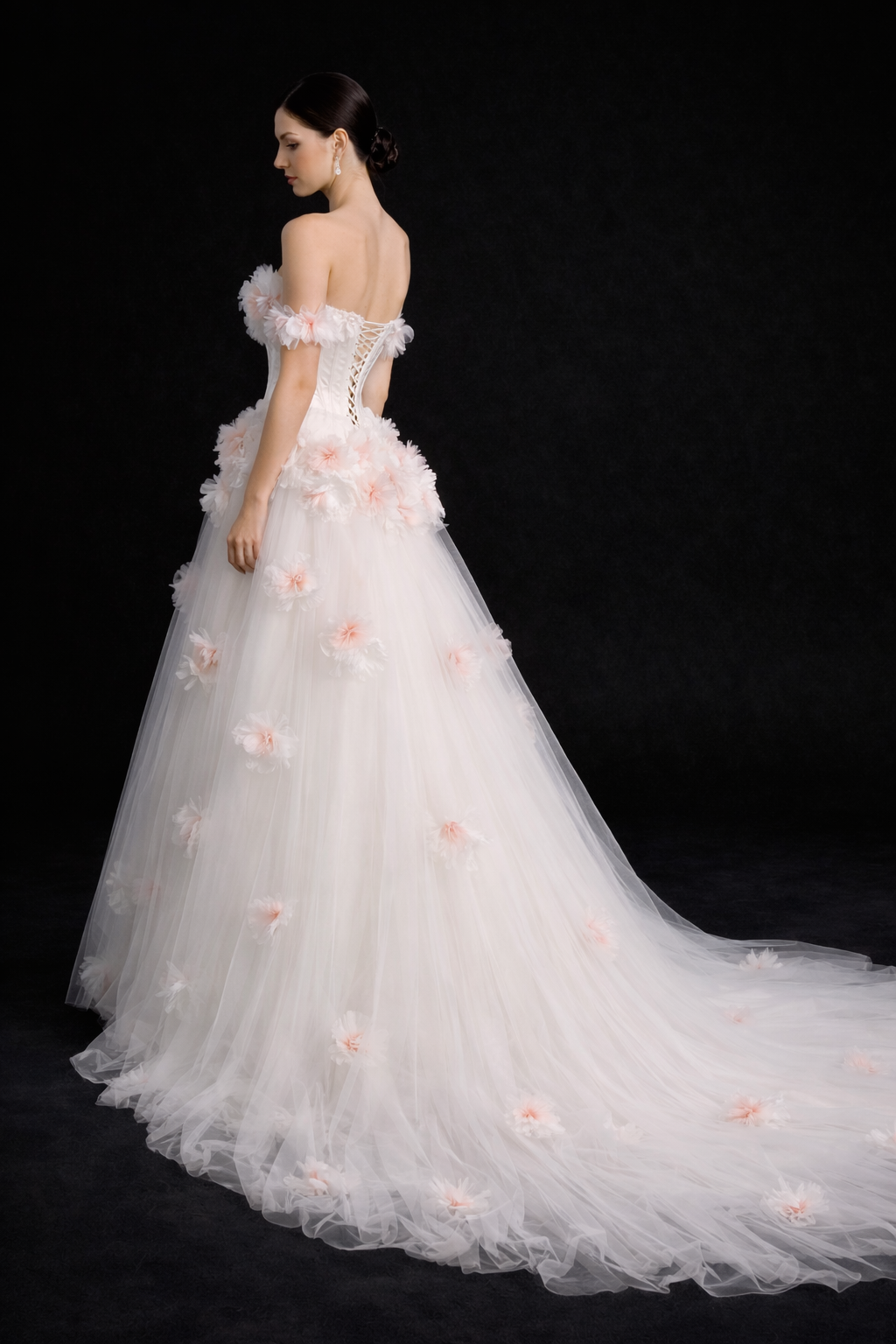 Elegant Ivory Floral Gown with Off-Shoulder Design