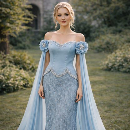 Elegant Evening Gown with Floral Shoulder Details