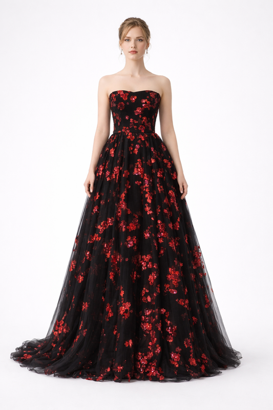 Black & Red Floral Couture Gown