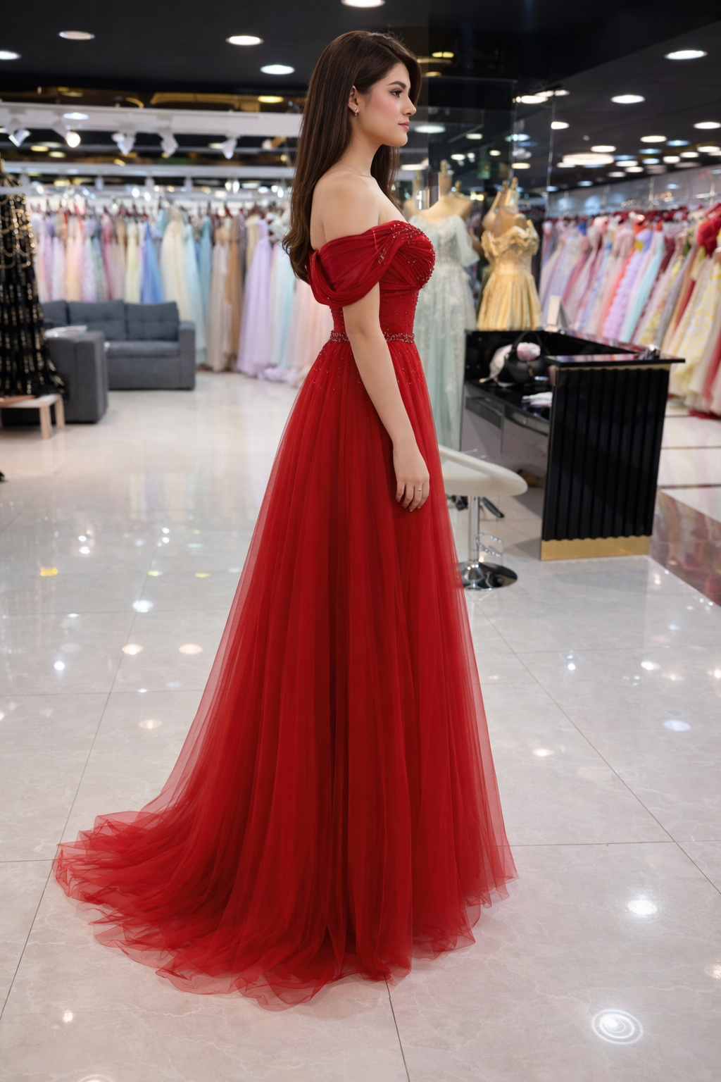 Blue Off-Shoulder Embellished Tulle Evening Gown