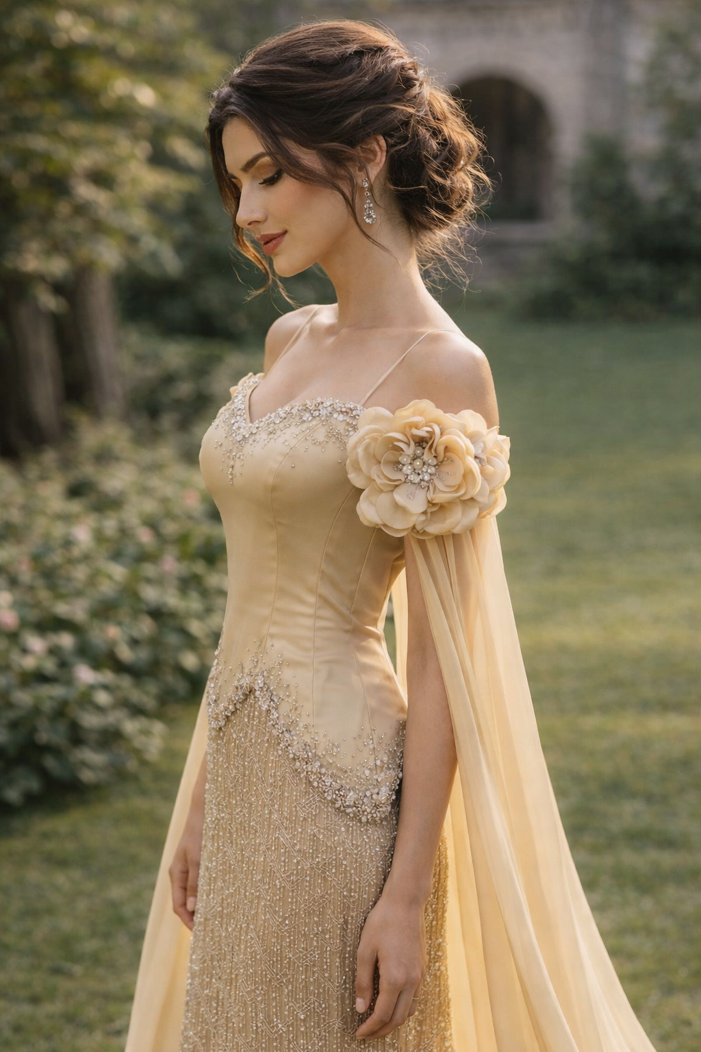 Elegant Evening Gown with Floral Shoulder Details