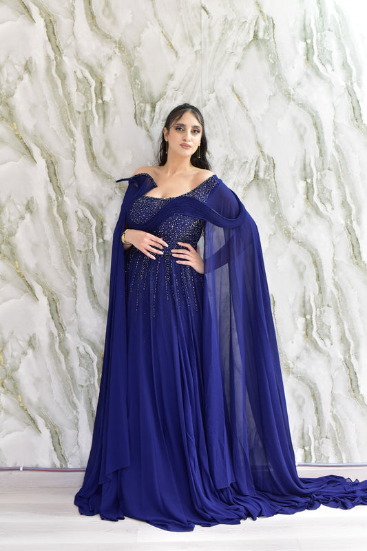 Royal Blue Embellished Cape Gown