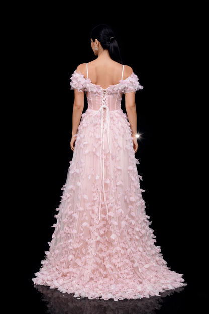 Blush Floral Evening Gown – Elegant Off-Shoulder Tulle Dress