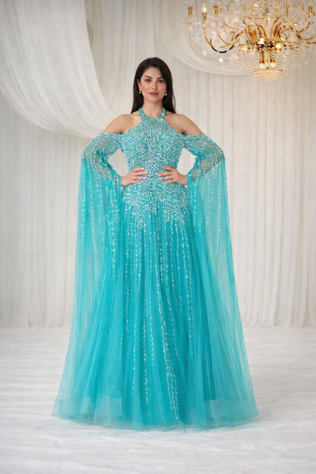 Turquoise Embellished Halter Neck Evening Gown