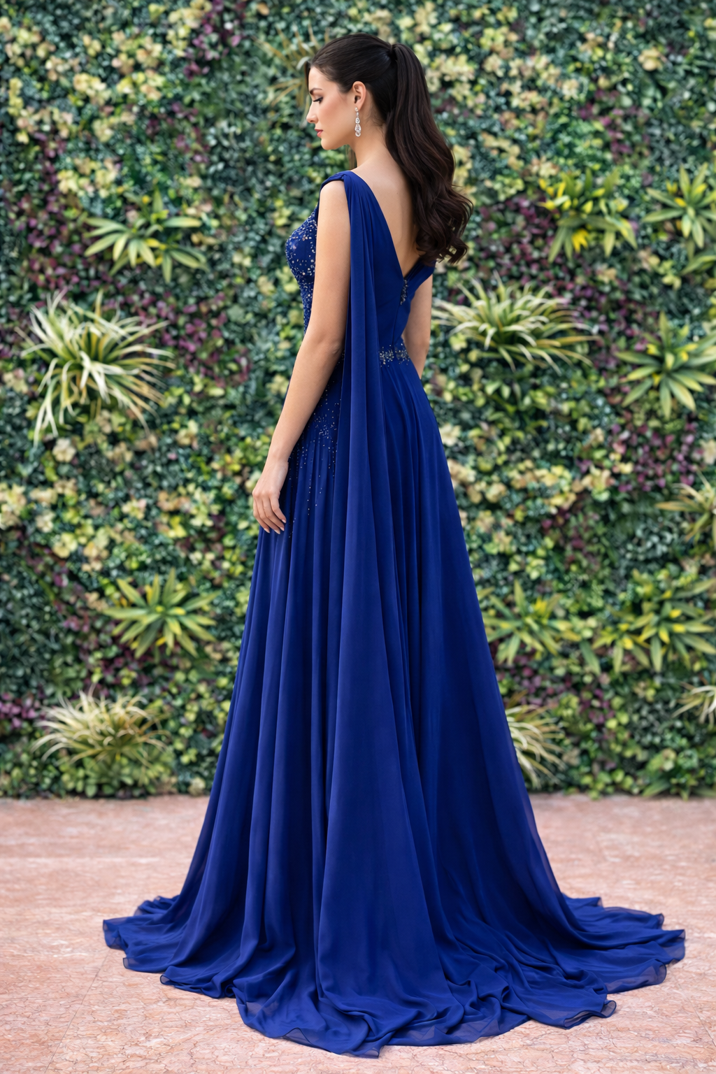 Beaded Evening Gown with Cape Sleeves