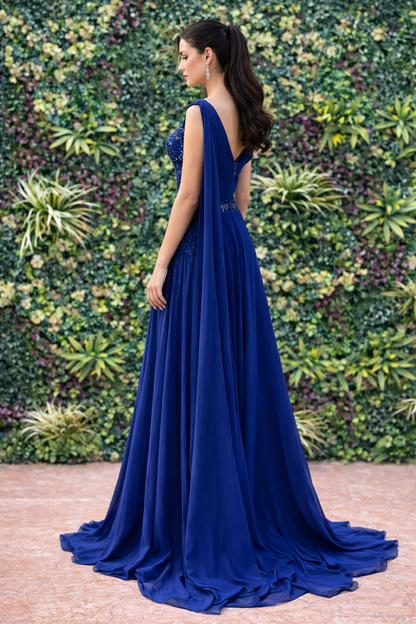 Beaded Evening Gown with Cape Sleeves