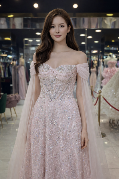 Blush Crystal Off-Shoulder Couture Gown