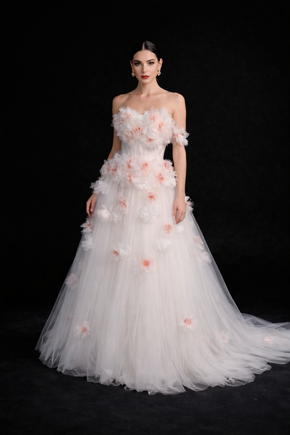 Elegant Ivory Floral Gown with Off-Shoulder Design