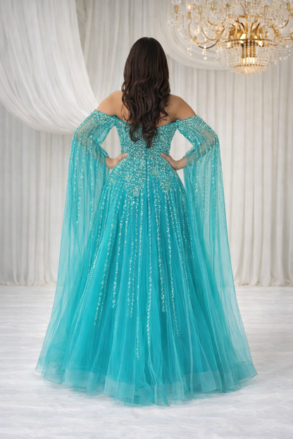 Turquoise Embellished Halter Neck Evening Gown
