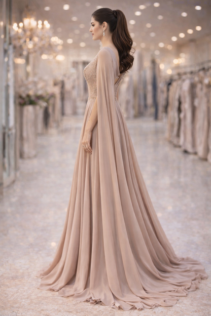 Beaded Evening Gown with Cape Sleeves