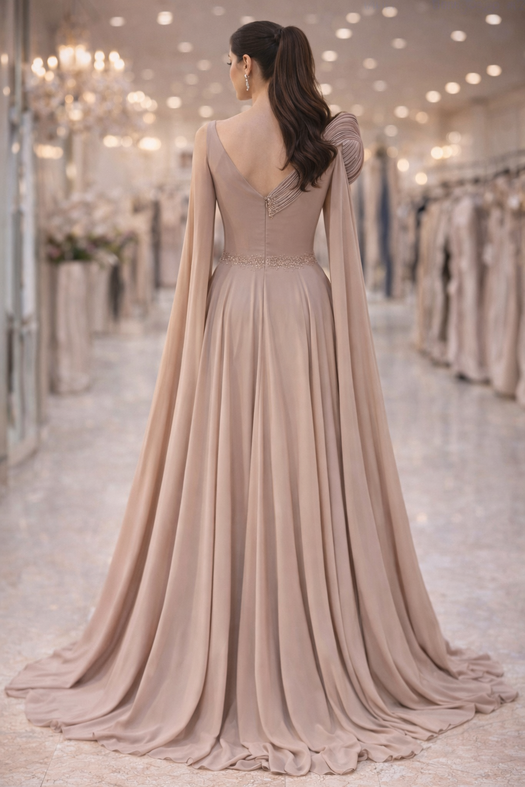 Beaded Evening Gown with Cape Sleeves